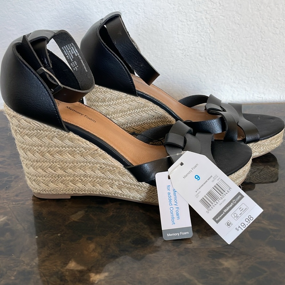 NEW! Woven Band Wedge Heels with Ankle Strap, Black and Tan, Size 9